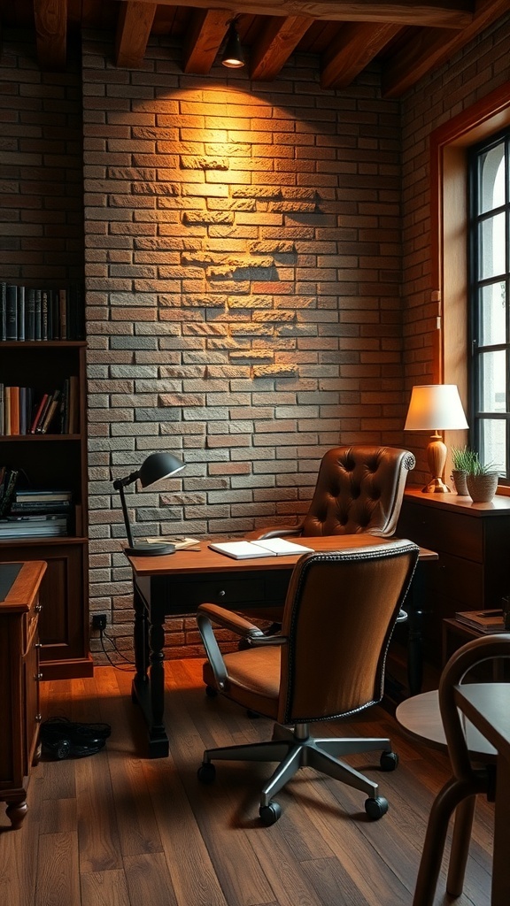 A masculine office with a rustic brick accent wall, wooden furniture, and warm lighting.