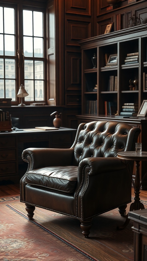 A vintage leather armchair in a classic office setting.