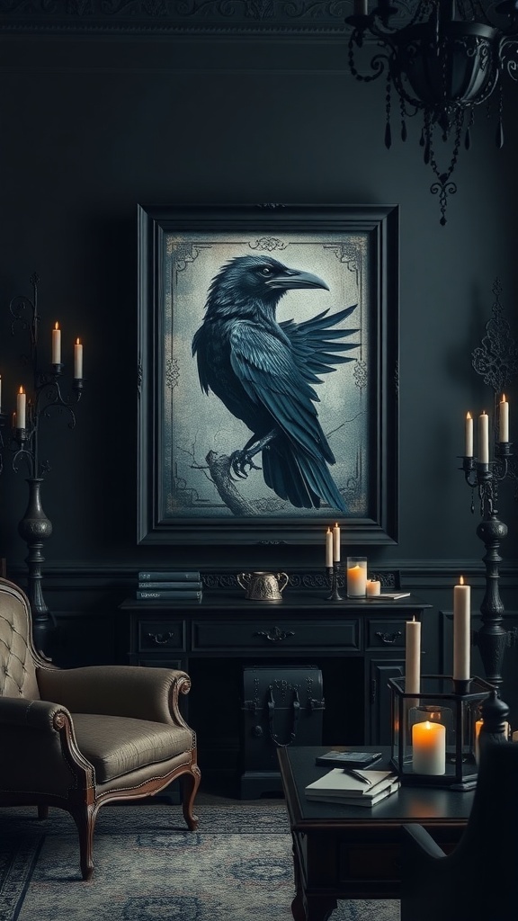 A dark office space featuring raven artwork on the wall, candles, and elegant furniture.