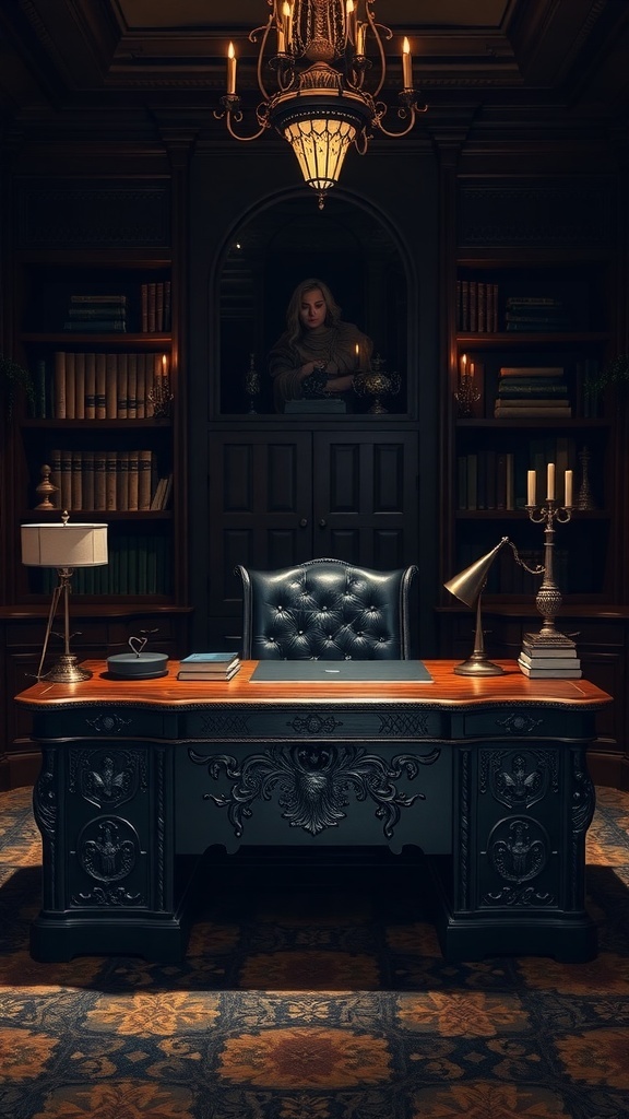 Dark wood executive desk with Gothic carvings in a dramatic office setting.