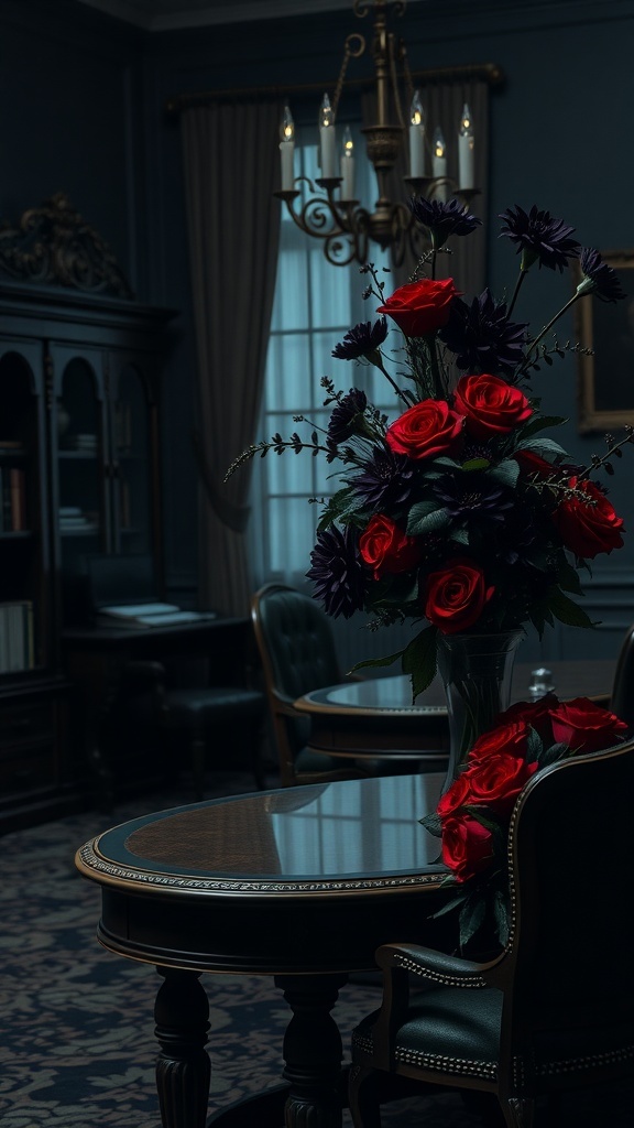 A dark floral arrangement featuring red roses and black dahlias in a Gothic office setting.