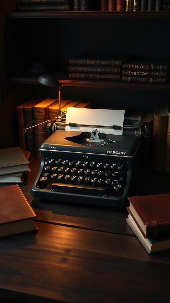 A vintage typewriter displayed on a dark wooden desk surrounded by books.