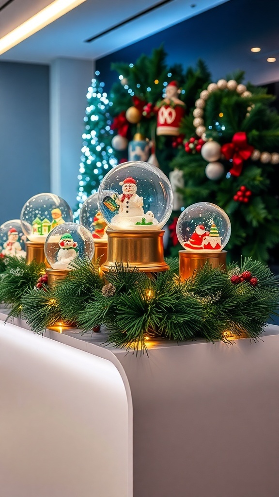 A festive display of snow globes on a reception desk, surrounded by holiday decorations.