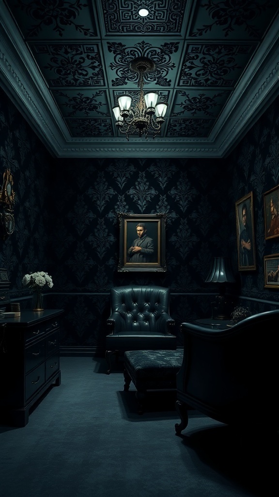 A dark and dramatic office space featuring black wallpaper with damask patterns, elegant furniture, and vintage decor.