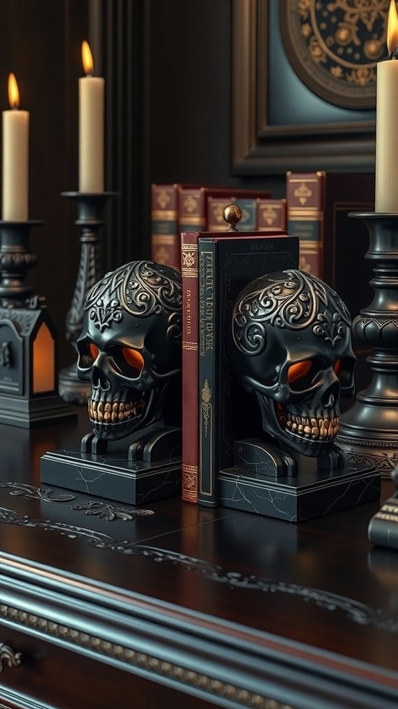 Skull-themed bookends on a dark wooden desk with candles and books.
