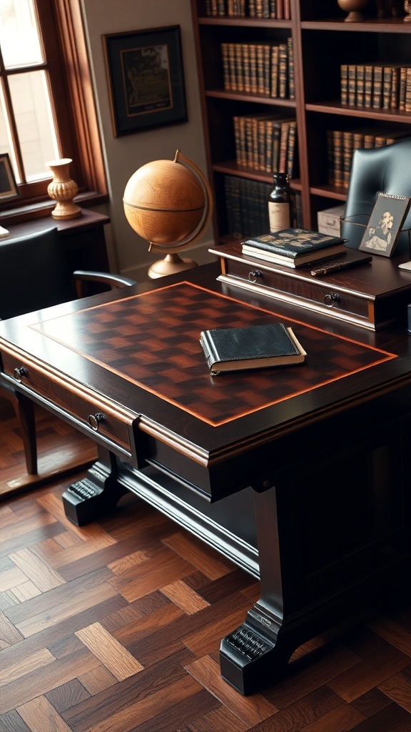 Dark wood desk with leather inlay in a masculine office setting.