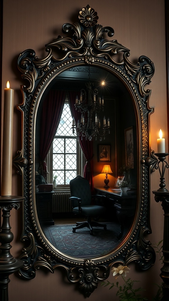 Antique-style mirror with ornate Gothic frame reflecting a dark office space.
