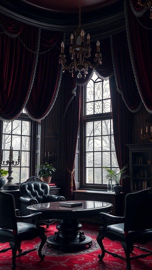 A Gothic office with heavy velvet curtains in deep burgundy, featuring dark furniture and elegant decor.