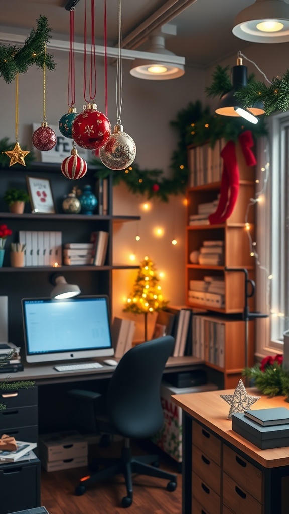Office decorated with hanging ornaments, a mini Christmas tree, and warm lights.