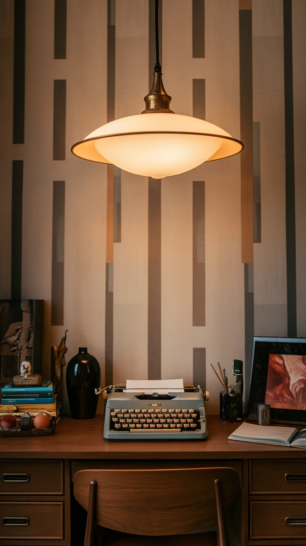 Vintage-inspired pendant light fixture in a mid century office setting.