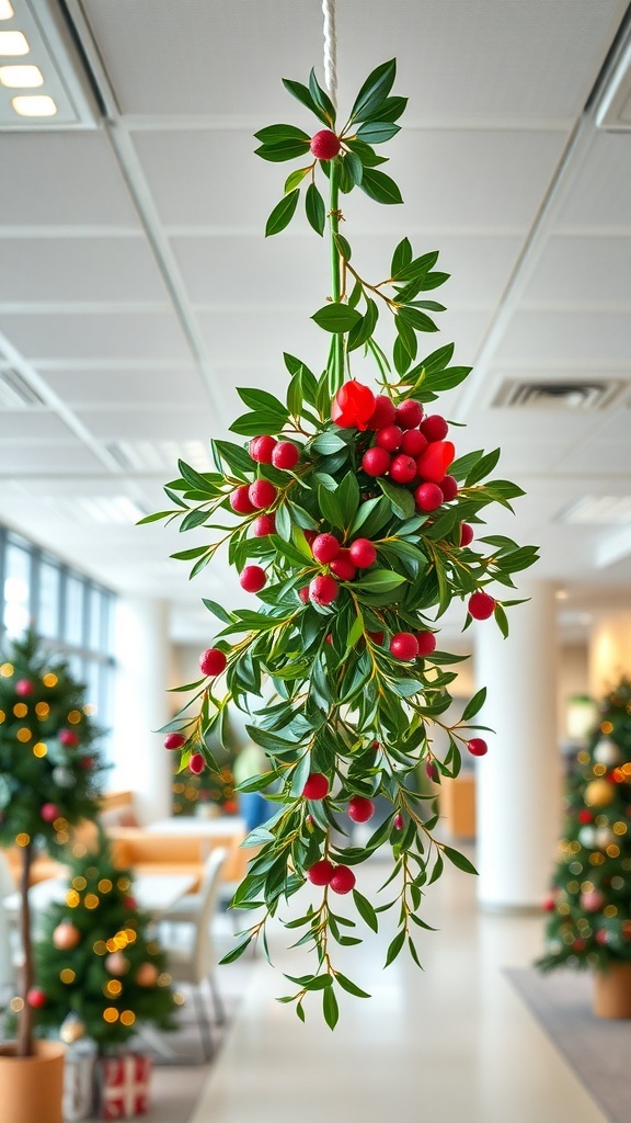 Hanging mistletoe with red berries in a modern office setting.