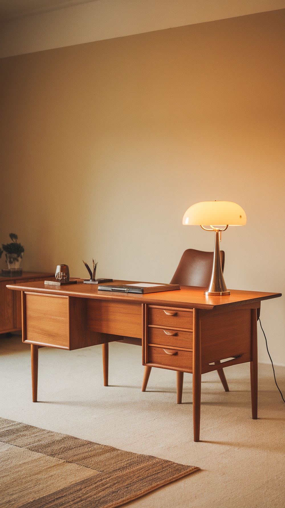 A stylish teak wood desk with tapered legs in a mid century modern office setting.