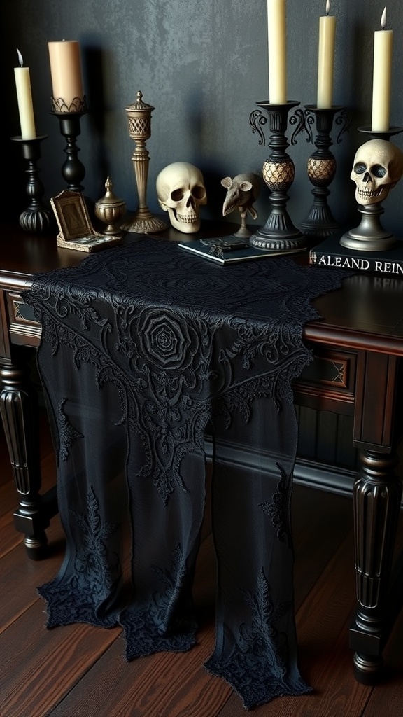 Black lace table runner on a desk with candles and skulls.