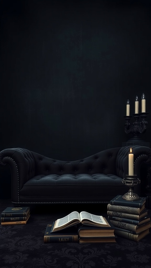 Black tufted chaise lounge with candles and books in a dark setting
