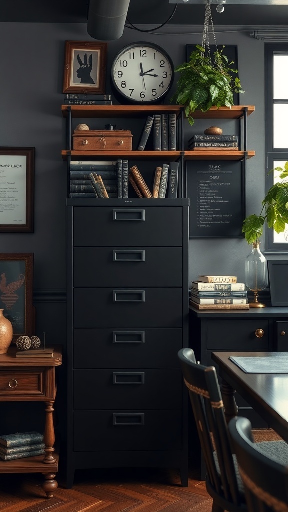A matte black steel filing cabinet in a masculine office setting.