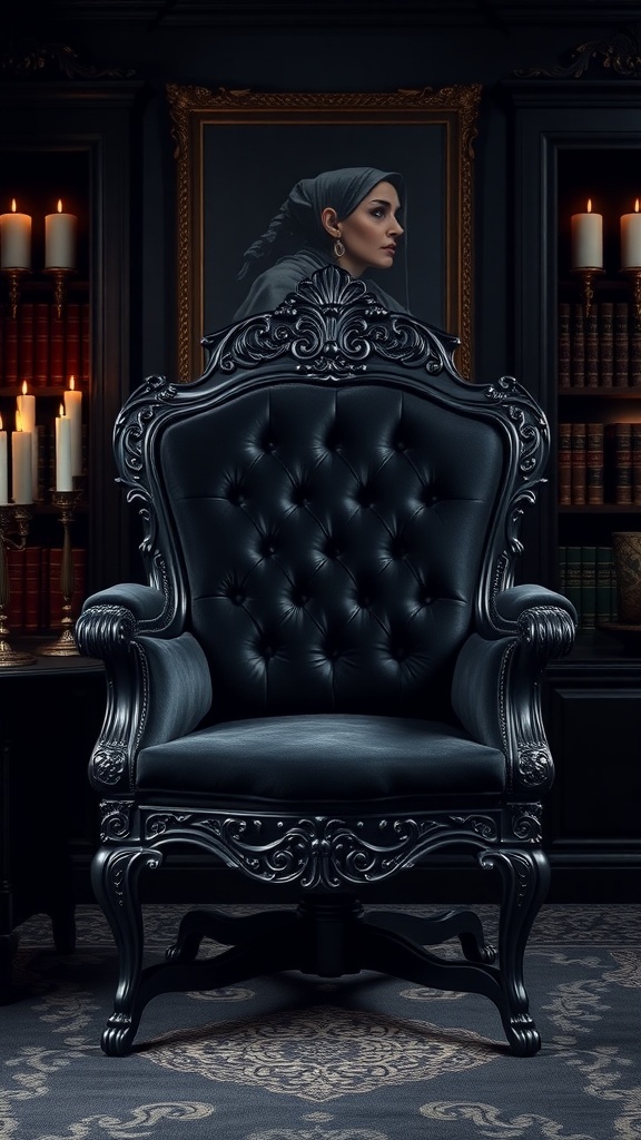 Black velvet office chair with ornate carvings in a dark workspace