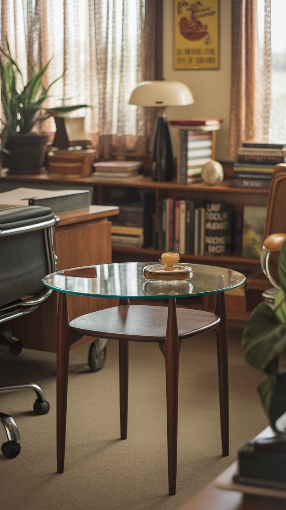 A stylish glass-topped side table with wooden legs in a mid century modern office setting.