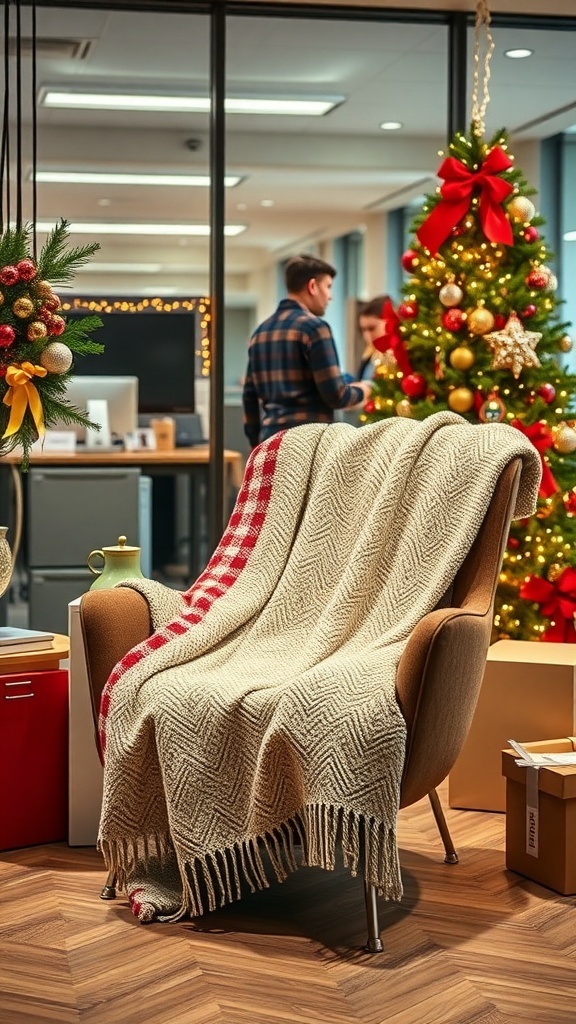 A cozy office lounge with a blanket draped over a chair, decorated for the holidays.
