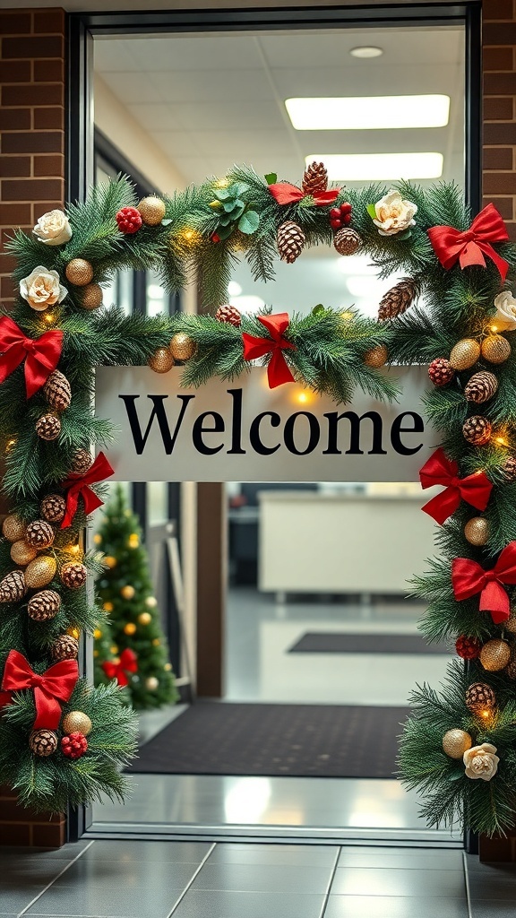 A beautifully decorated entrance with a seasonal welcome sign, adorned with festive greenery, ornaments, and bows.