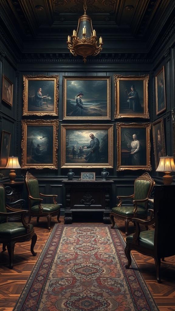 A dark room with moody oil paintings in ornate gilded frames, featuring elegant chairs and a vintage rug.