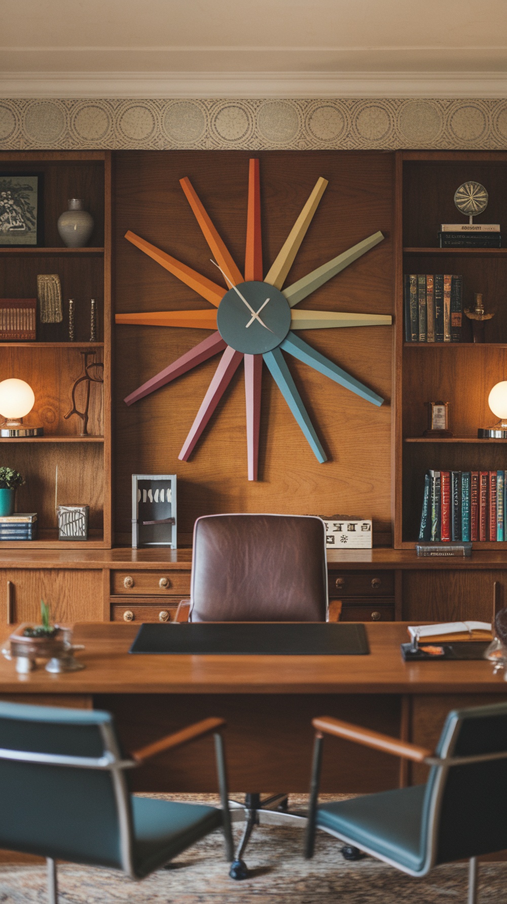 A stylish sunburst wall clock in a mid century modern office setting.