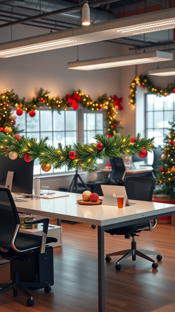 Festive garland decorated with ornaments draped across office desks.