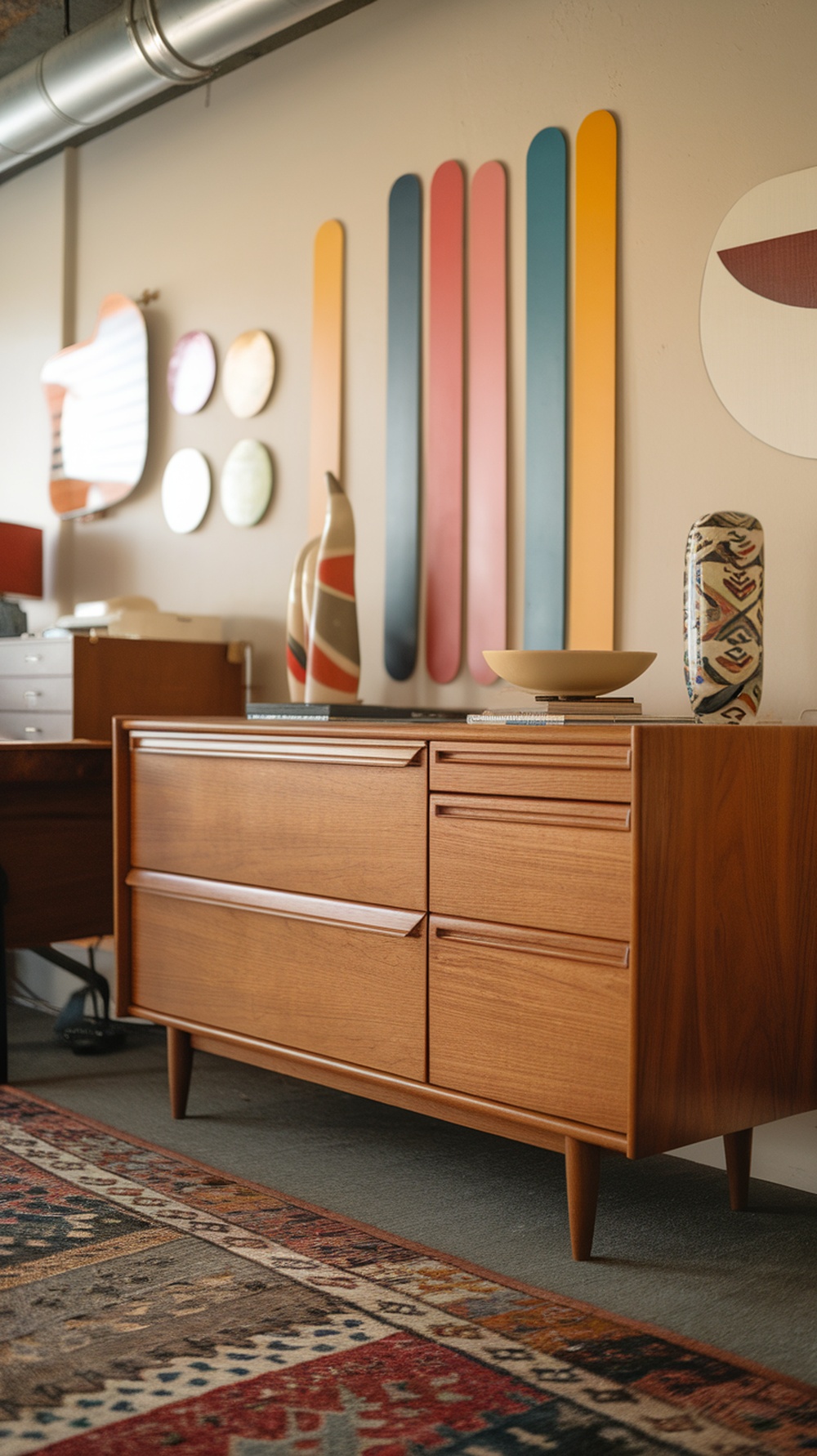 Mid-century inspired filing cabinet in a stylish office setting.