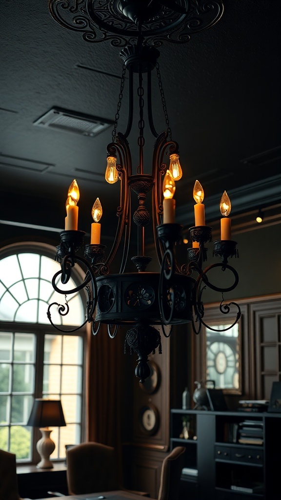 Candle-style chandelier with wrought iron details in a dark office setting.