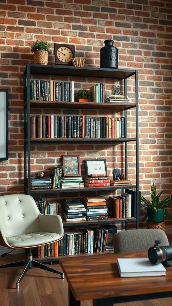 Industrial-style bookshelves in a masculine office setting.