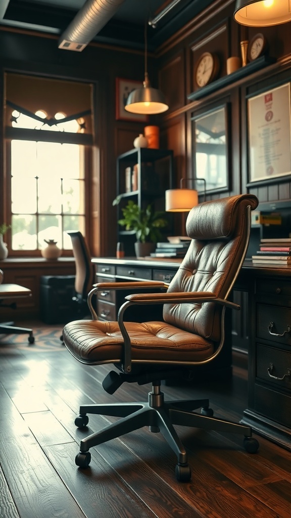 A stylish metal and leather desk chair in a masculine office setting.