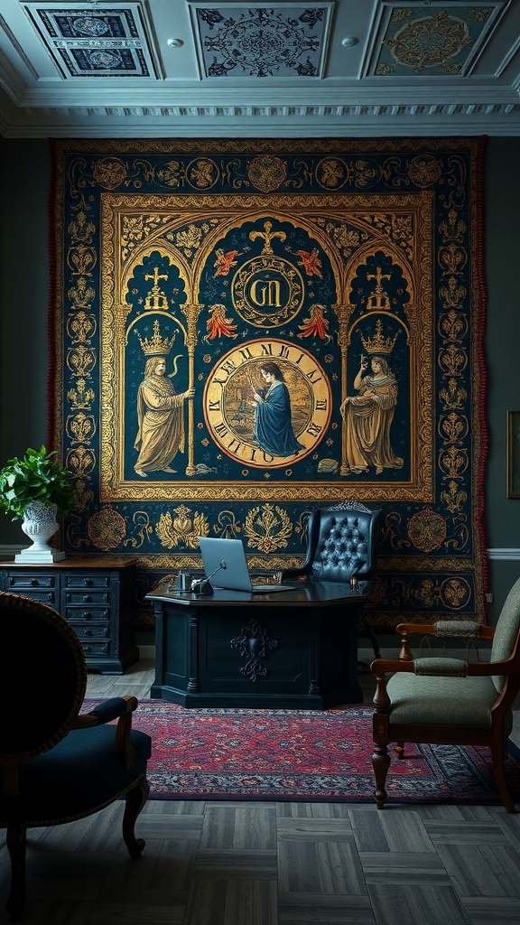 Tapestry wall hanging with medieval Gothic motifs in an office setting.