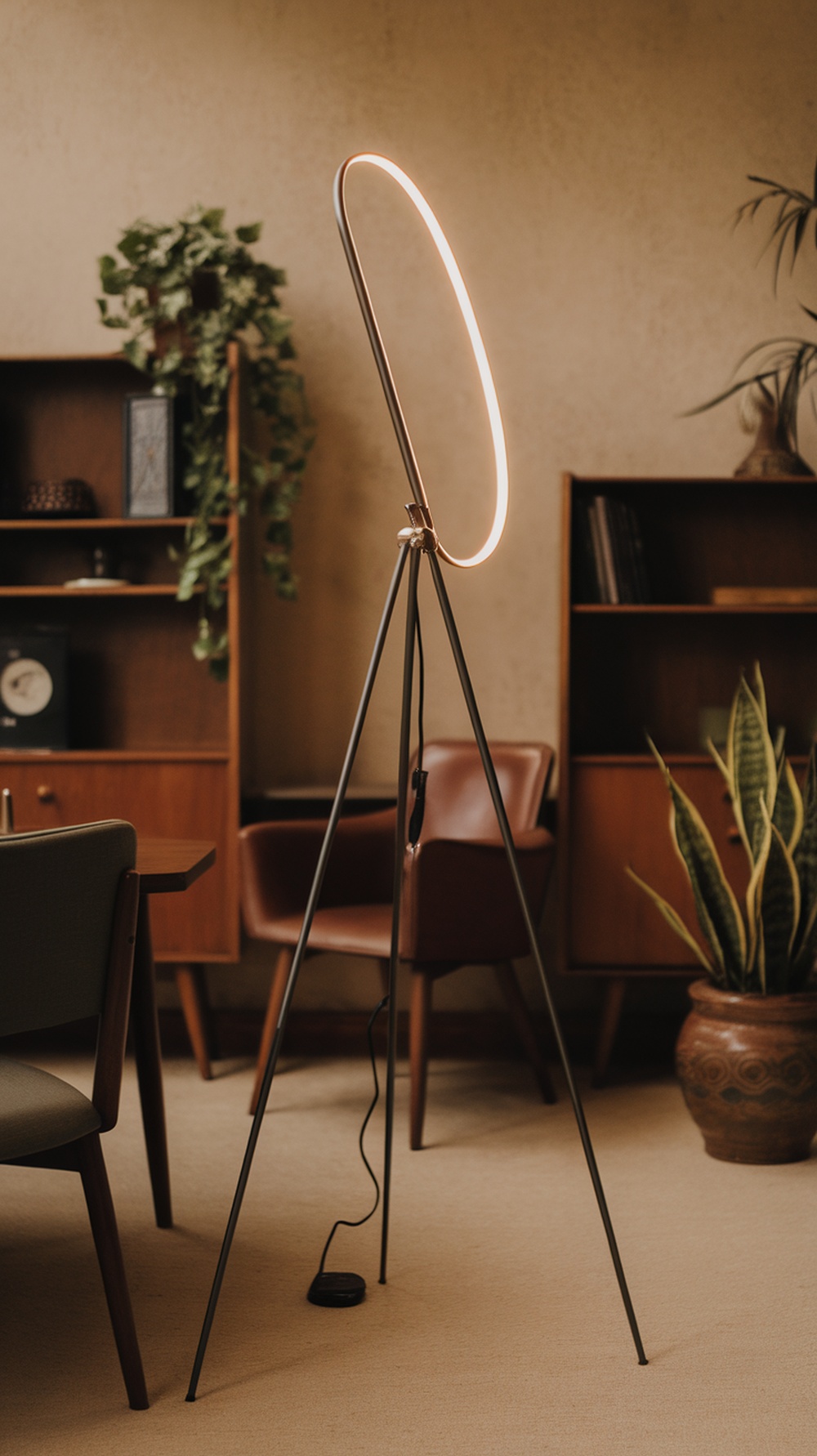 Slim floor lamp with tripod legs in a mid century modern office setting.
