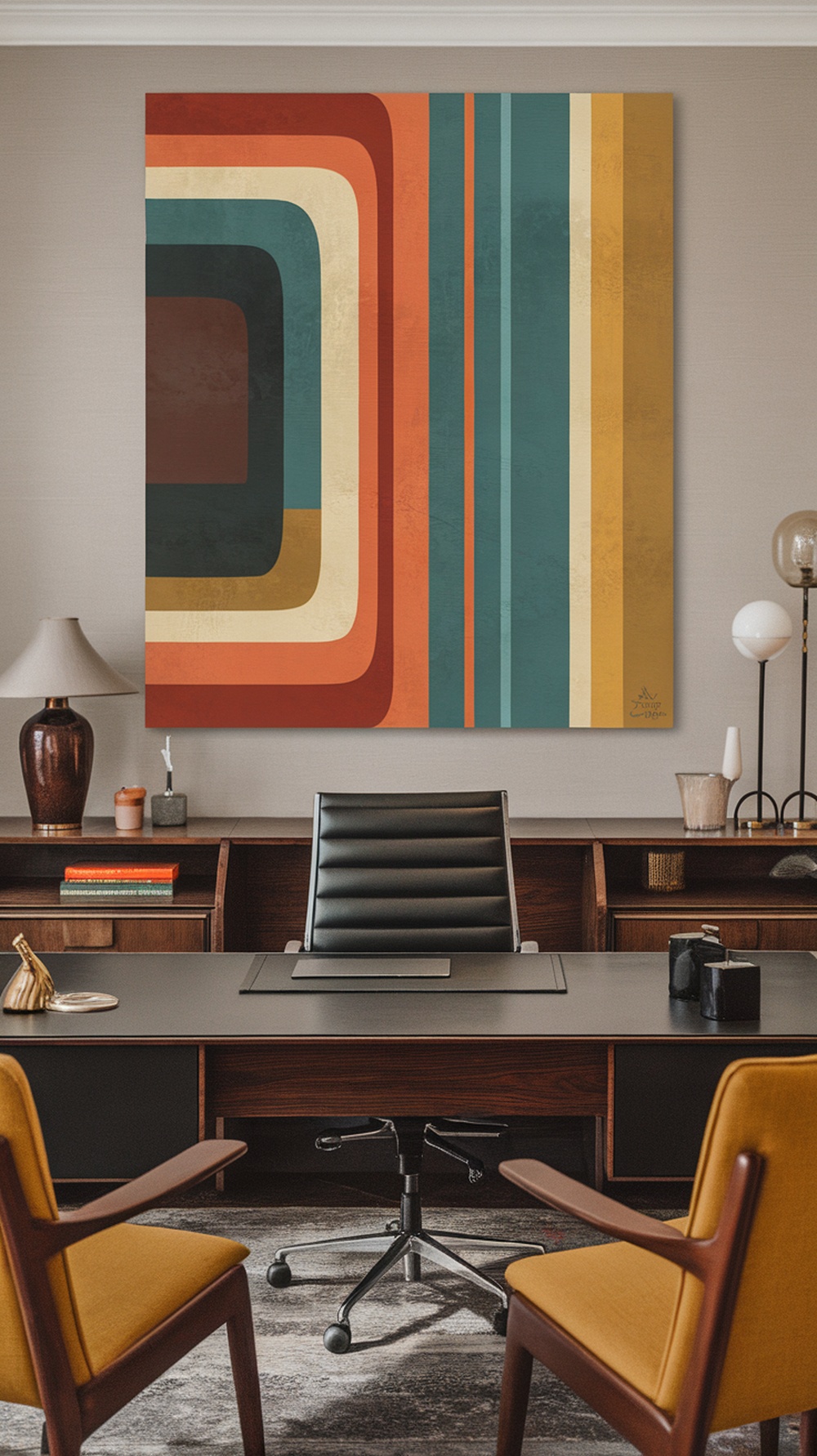 Abstract wall art in bold retro colors in a mid century modern office setting.