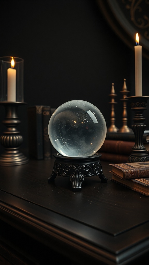 A crystal ball on a dark desk surrounded by candles and books.