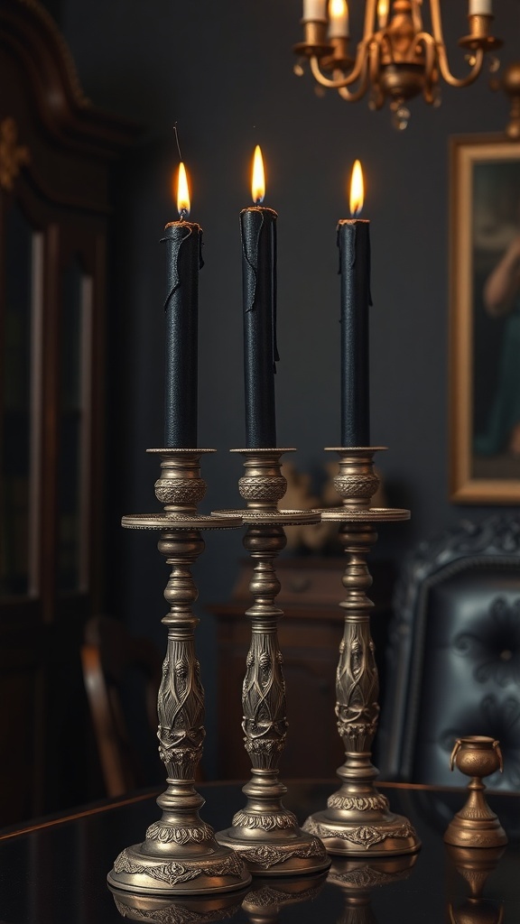 Candlestick holders with black candles in a Gothic office setting.