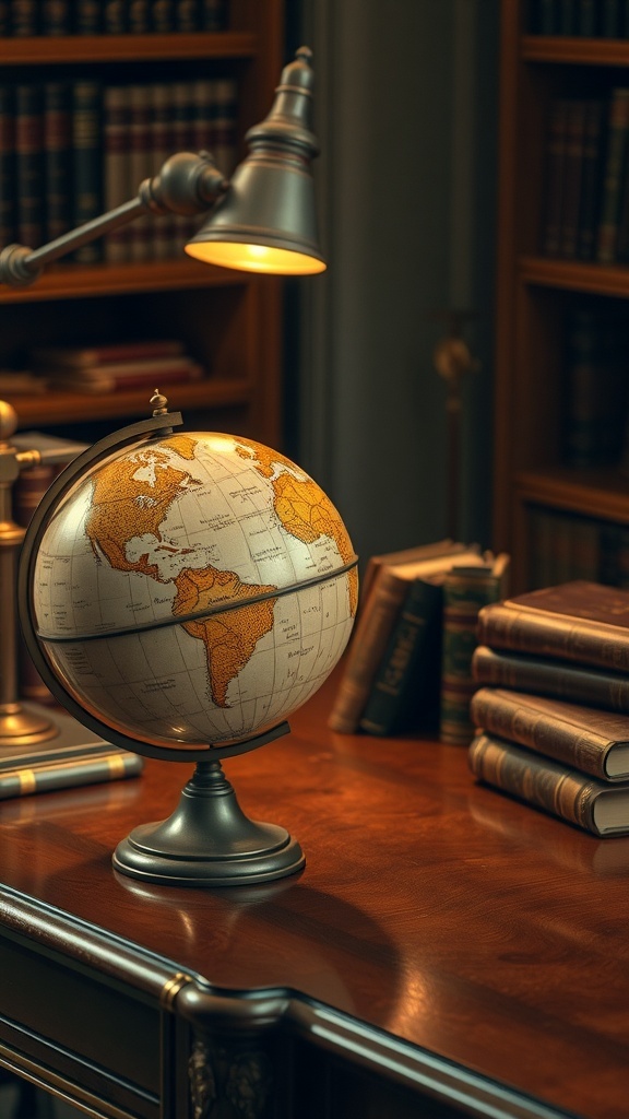 An antique globe on a desk with books in the background.