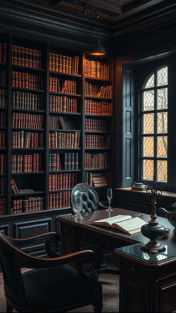 A dimly lit Gothic office with dark wood bookshelves filled with vintage leather-bound books.