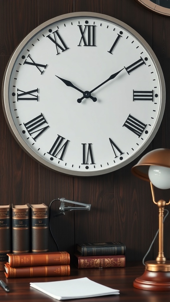 Minimalist wall clock with Roman numerals on a wooden wall