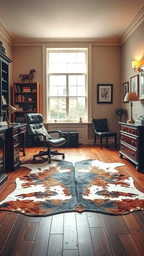A cozy masculine office featuring a cowhide rug on wooden flooring, with a leather chair and bookshelves.