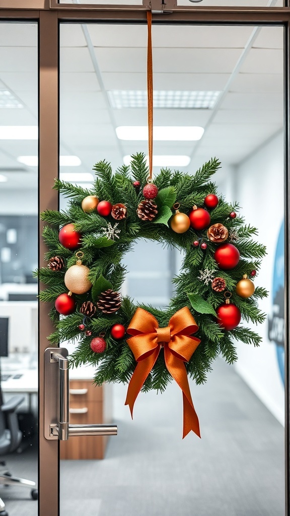 A festive holiday wreath with red and gold ornaments hanging on an office door.