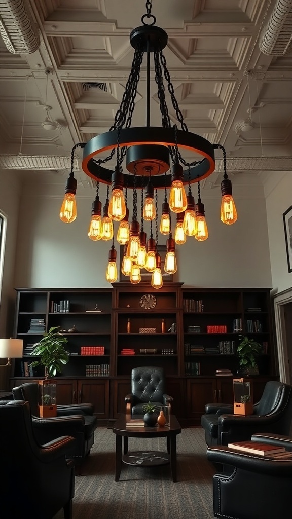 A stylish chandelier with industrial bulbs hanging in a masculine office setting.