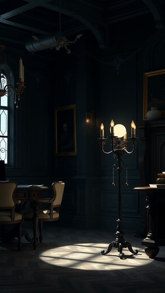 A dimly lit Gothic office with a candelabra floor lamp casting shadows.