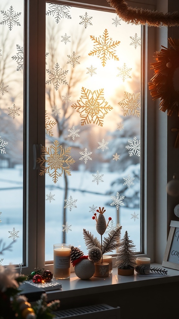 Window decorated with snowflake clings and holiday decor on the sill.