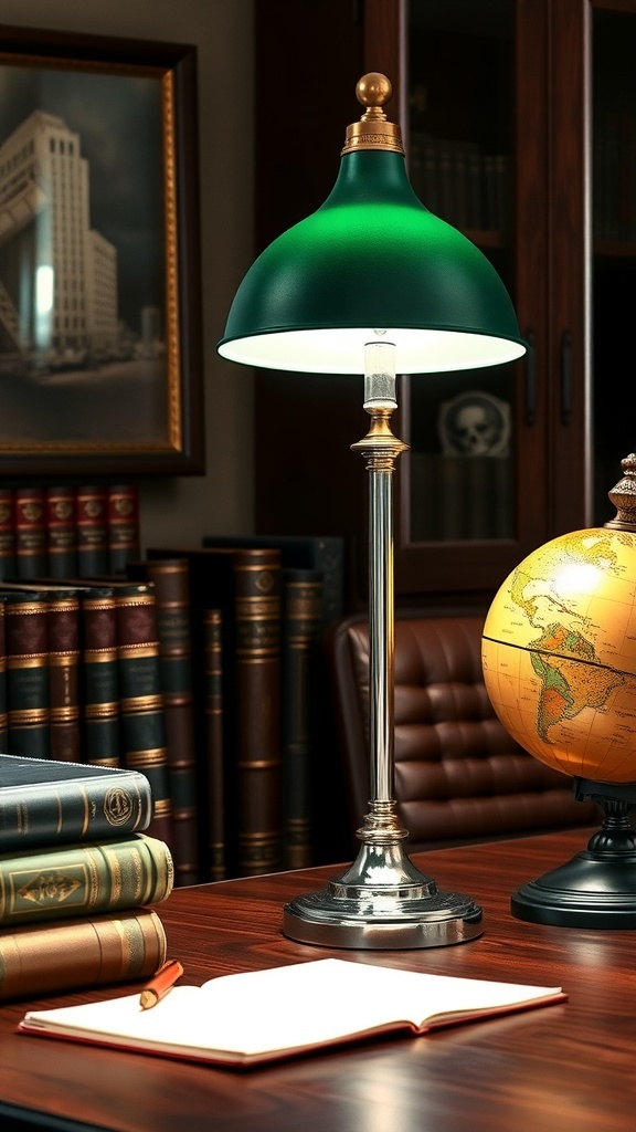 Metal desk lamp with green shade on a wooden desk, surrounded by books and a globe.