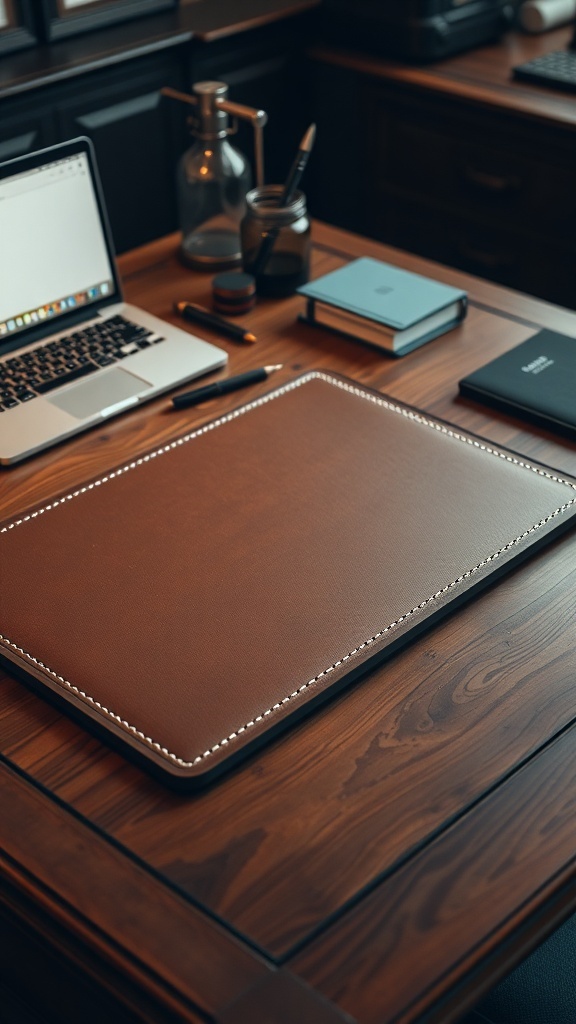 A solid leather desk pad on a wooden desk with a laptop and office supplies.