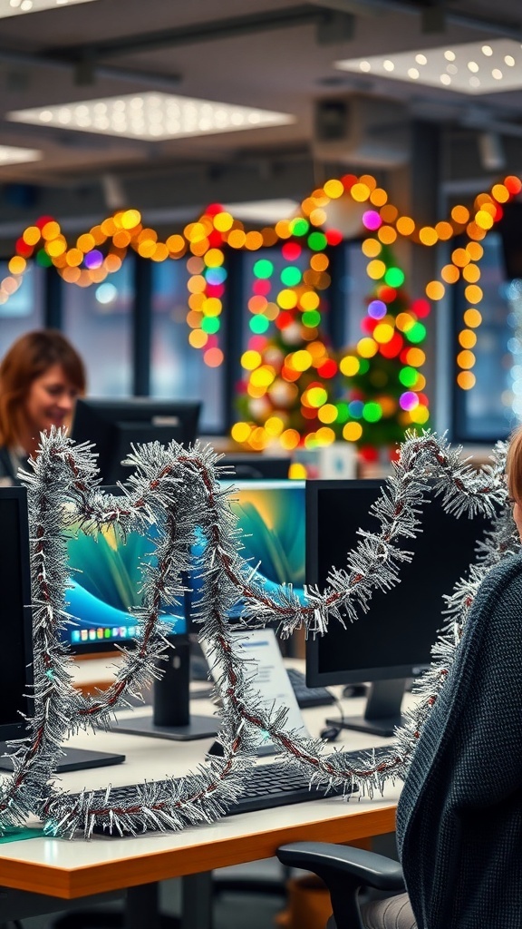 An office decorated with sparkling tinsel around computer monitors, featuring colorful holiday lights in the background.
