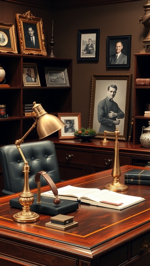 A masculine office featuring brass and bronze accents with a wooden desk and framed photographs.