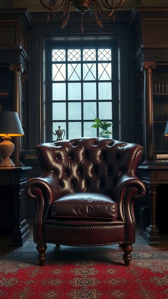 A luxurious oxblood leather armchair in a Gothic-style office setting