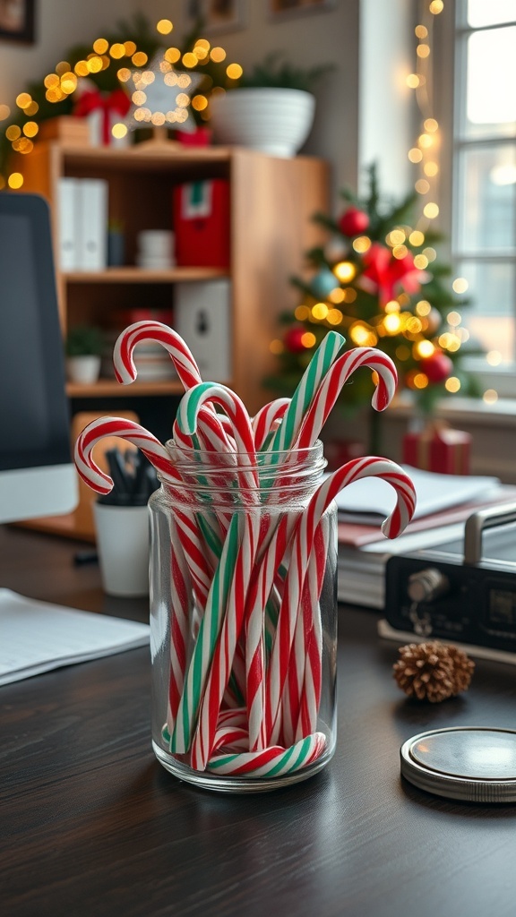 A jar filled with red and green candy canes on a desk with holiday decorations in the background.