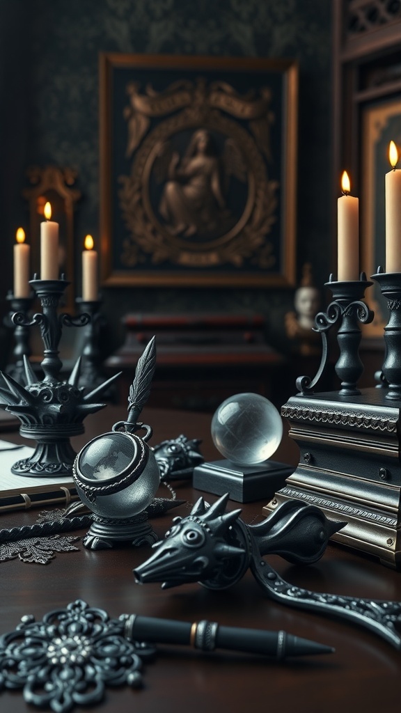 A collection of spiked and wrought iron desk accessories on a dark wooden desk.